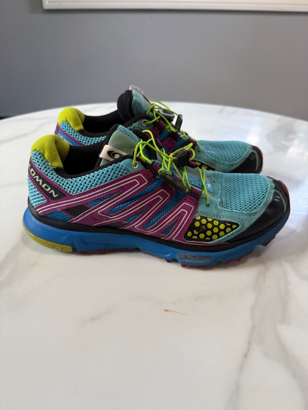 Salomon Turquoise Pink Blue Trail Shoes with Neon Yellow Accents